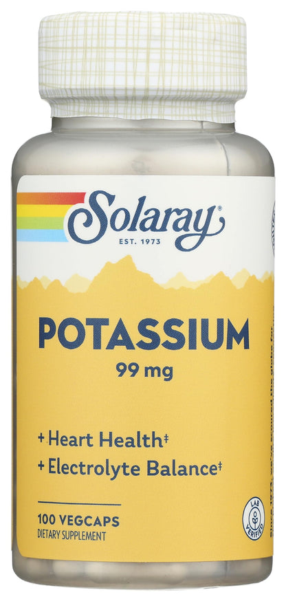 SOLARAY Potassium 99 mg - Electrolyte Balance Formula - Potassium Supplement for Electrolytes, Vascular and Heart Health Support, Lab Verified, 200 Servings, 200 VegCaps