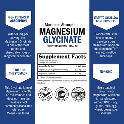 Magnesium Glycinate 500mg Per Serving | Max Absorption | 120 Mini Capsules