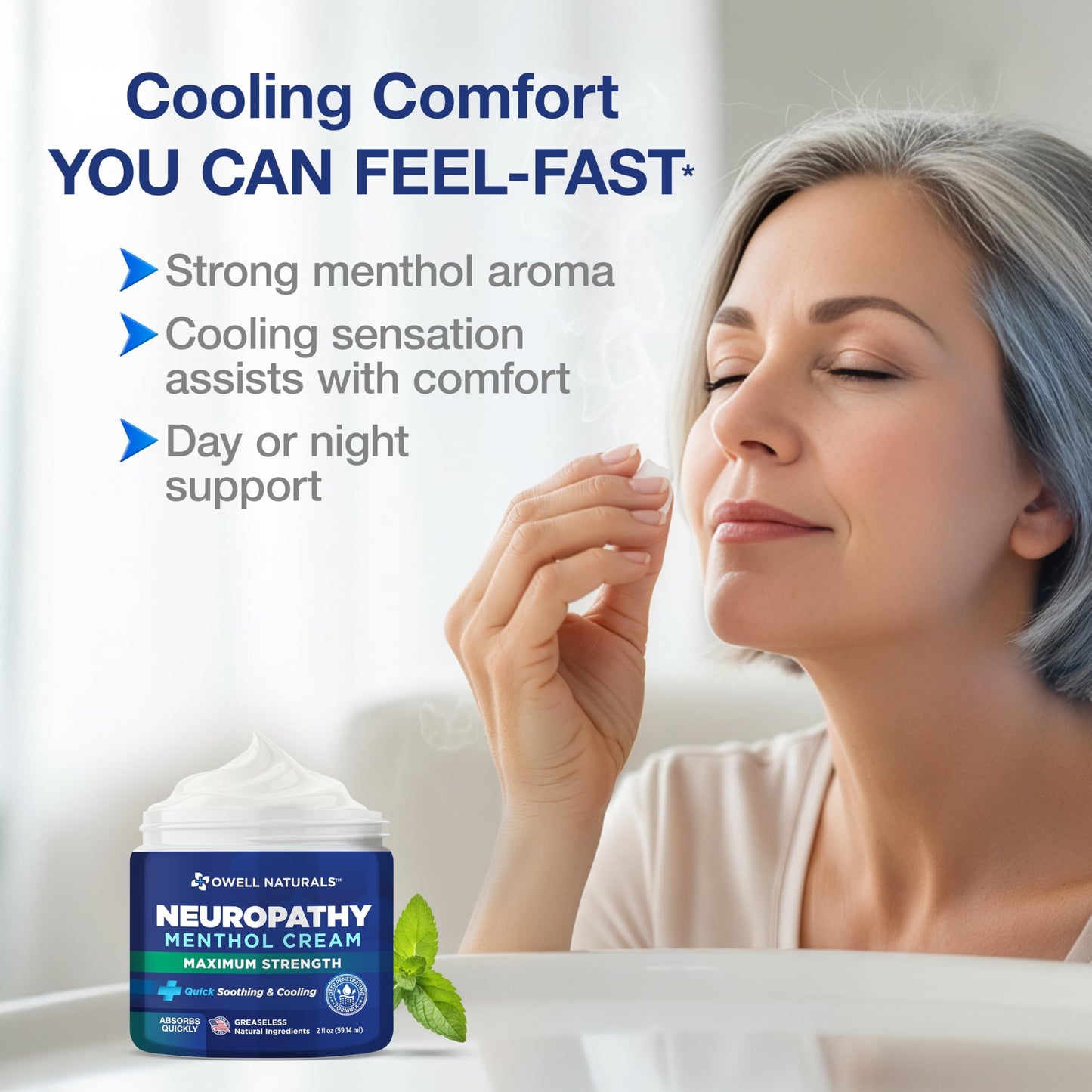 Owell Naturals Neuropathy Cream Extra Strength – Fast Absorbing Cooling for Leg, Feet & Hands – Advanced Soothing Formula with Aloe Vera, Arnica, MSM & Vitamin B6 – Made in USA, 2 fl oz