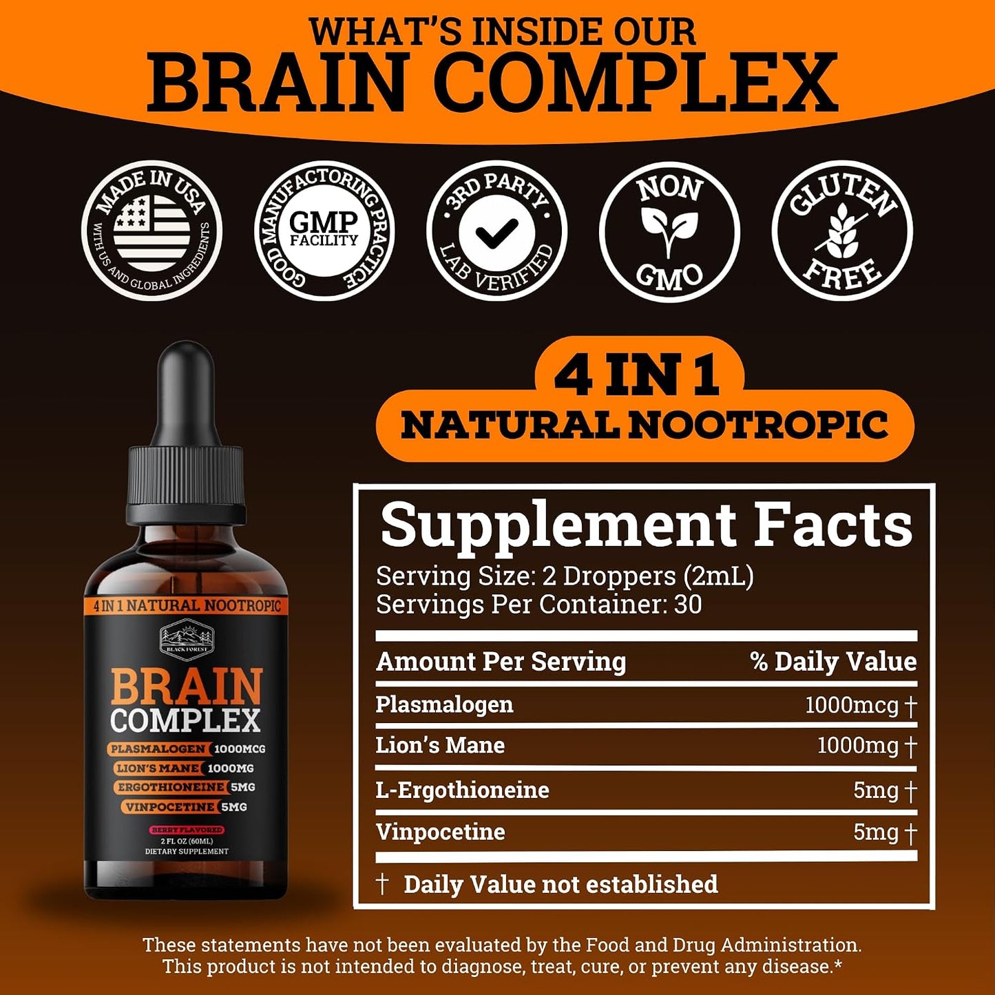 Brain Complex Addifocus™ Brain Supplements For Memory and Focus (Plasmalogen, Lions Mane, Vinpocetine 10mg & Ergothioneine) Memory Supplement for Brain, Brain Defender Supplement, Brain Health