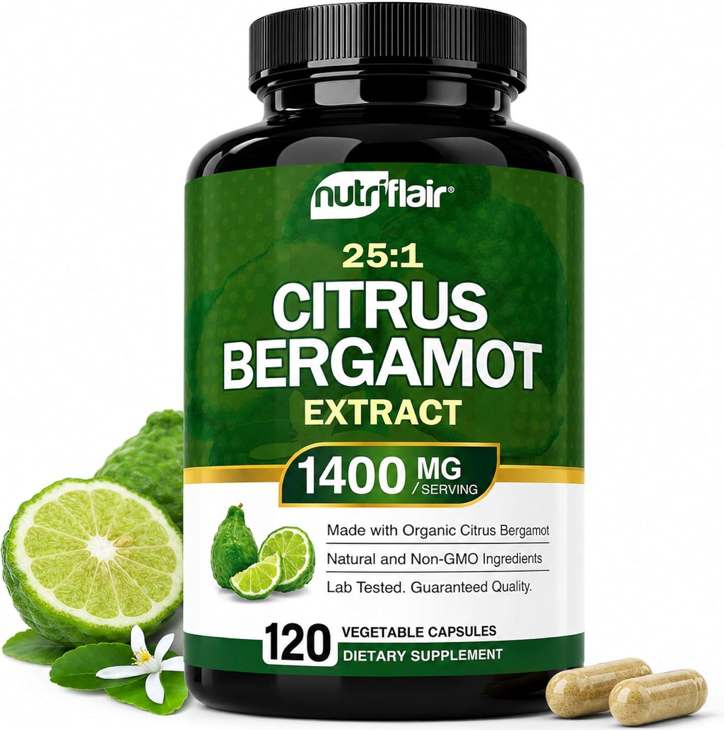 NutriFlair Organic Citrus Bergamot 1400mg, 120 Capsules - 25:1 Bergamia - Essential Oil and Citrus Bioflavonoids - Natural Heart Health Supplements for Women and Men - Non-GMO Pills