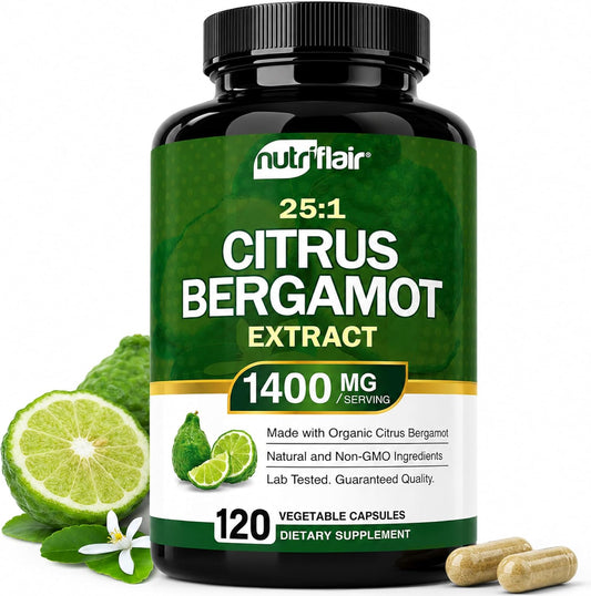 NutriFlair Organic Citrus Bergamot 1400mg, 120 Capsules - 25:1 Bergamia - Essential Oil and Citrus Bioflavonoids - Natural Heart Health Supplements for Women and Men - Non-GMO Pills