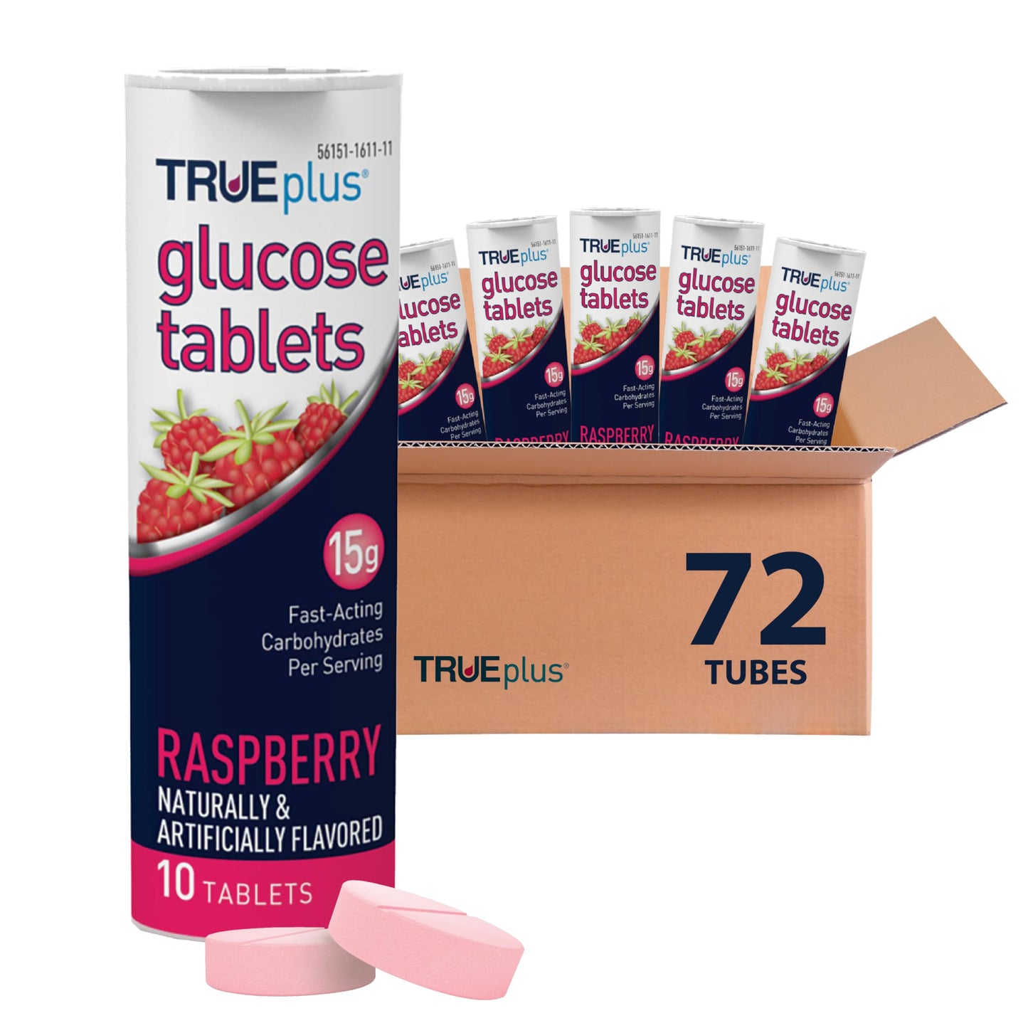 TRUEplus Glucose Tablets, Raspberry Flavor, 10 Count, 6 Tubes | Chewable Tablets, 15g Fast-Acting Carbohydrates, Fat Free, Gluten Free, Boosts Energy, Great Tasting and Easy to Use