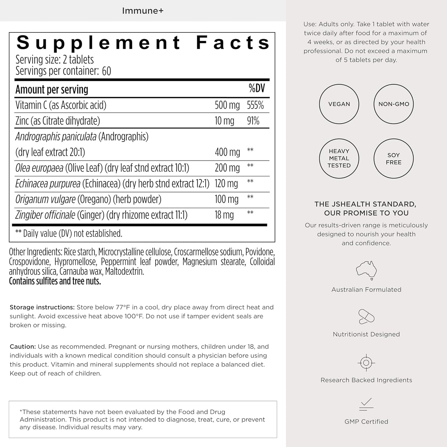 JSHealth Vitamins Immune + Immunity Booster Supplement, 60 Tablets | Made with with Zinc Vitamin C Echinacea and Olive Leaf Antioxidants