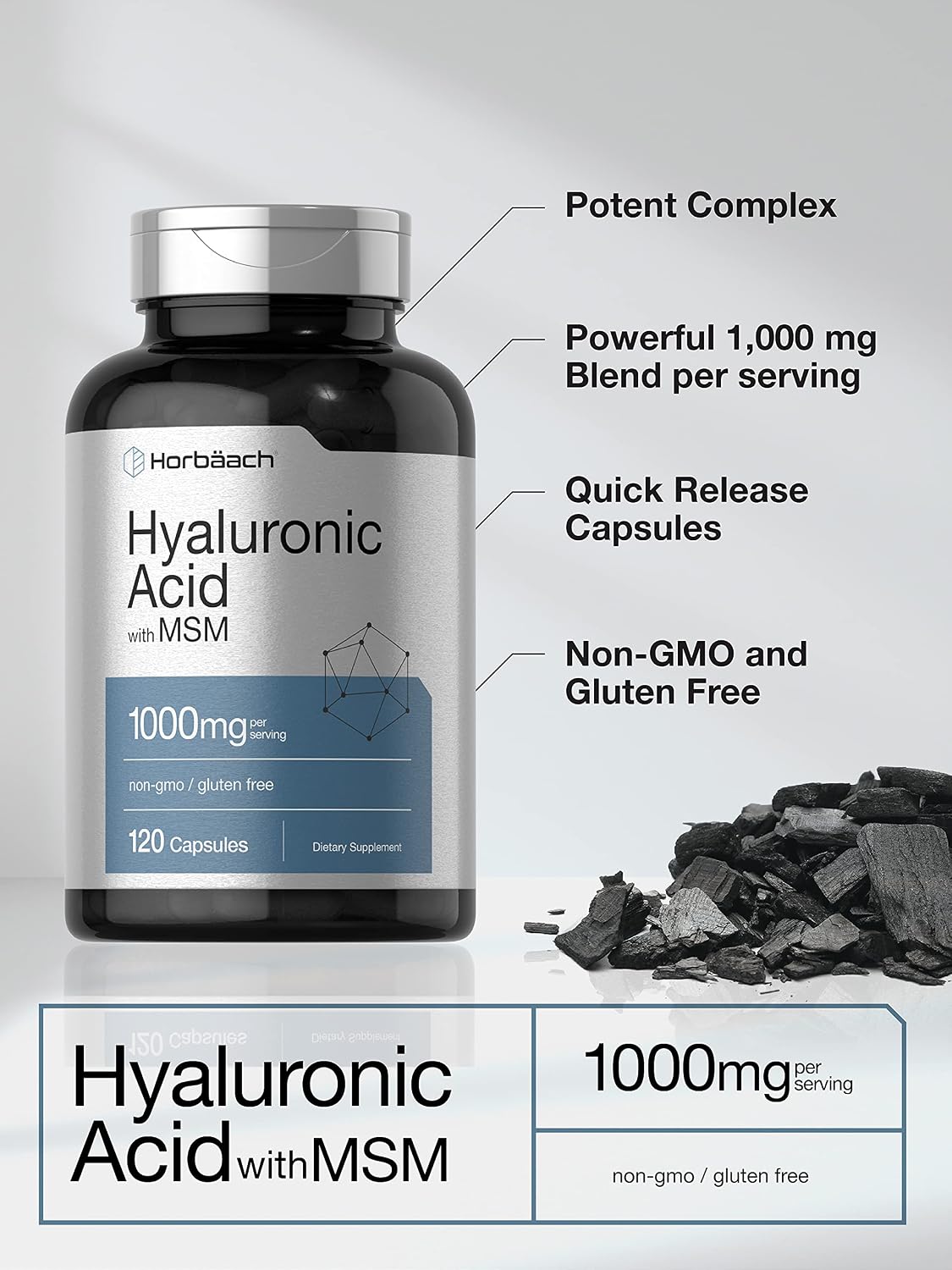 Horbäach Hyaluronic Acid with MSM | 1000 mg | 120 Capsules | Non-GMO and Gluten Free Supplement | Bioavailable Formula