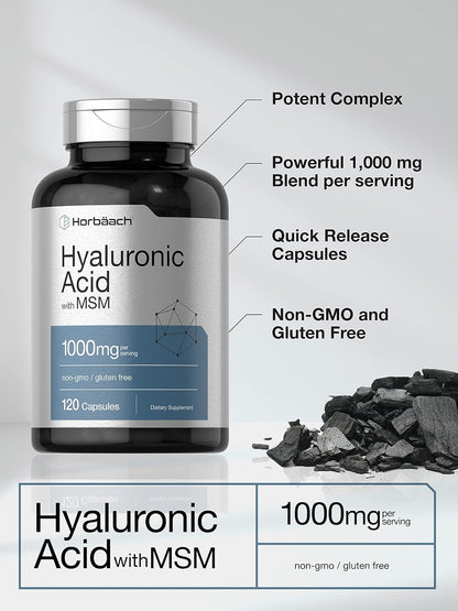 Horbäach Hyaluronic Acid with MSM | 1000 mg | 120 Capsules | Non-GMO and Gluten Free Supplement | Bioavailable Formula