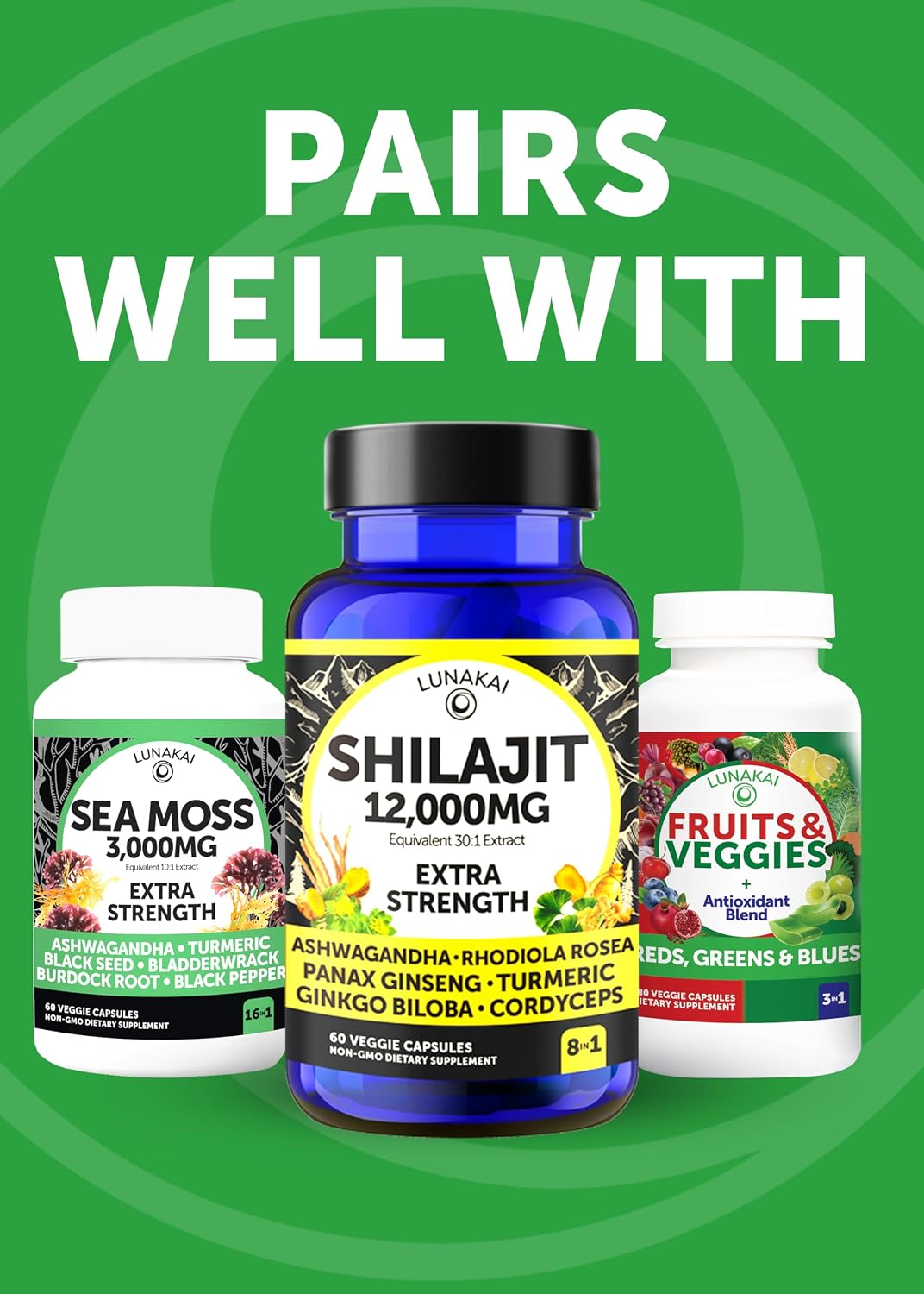 Lunakai USA Made Fruits & Veggies Supplement with 4 Superfood Blends, 180ct | Daily Greens & Reds Capsules with Antioxidants and Plant-Based Nutrients to Support Digestive & Immune Wellness