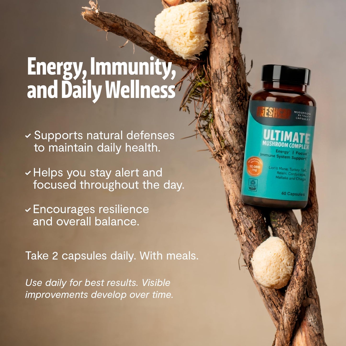 FreshCap Mushrooms Premium Organic Lions Mane Capsules - 14:1 Fruiting Body Extract with 31% Beta-Glucans - 3rd-Party Tested Nootropic for Clarity, Focus & Cognitive Support (120 Capsules)
