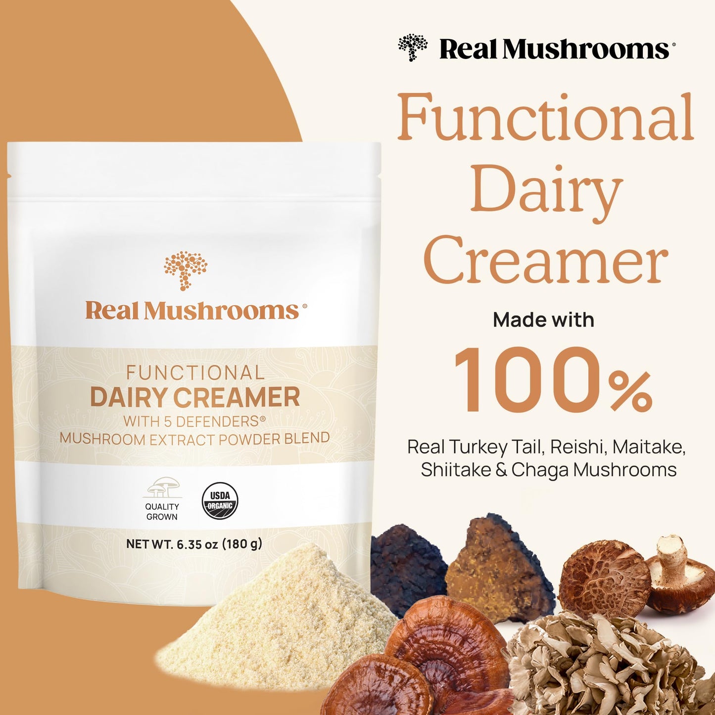Real Mushrooms Functional Coconut Creamer with Reishi, Lucuma & Ceylon Cinnamon – Organic, Dairy-Free – Vegan Coffee Creamer for Smoothies & Drinks – 90 Servings Organic Cream Coconut Powder