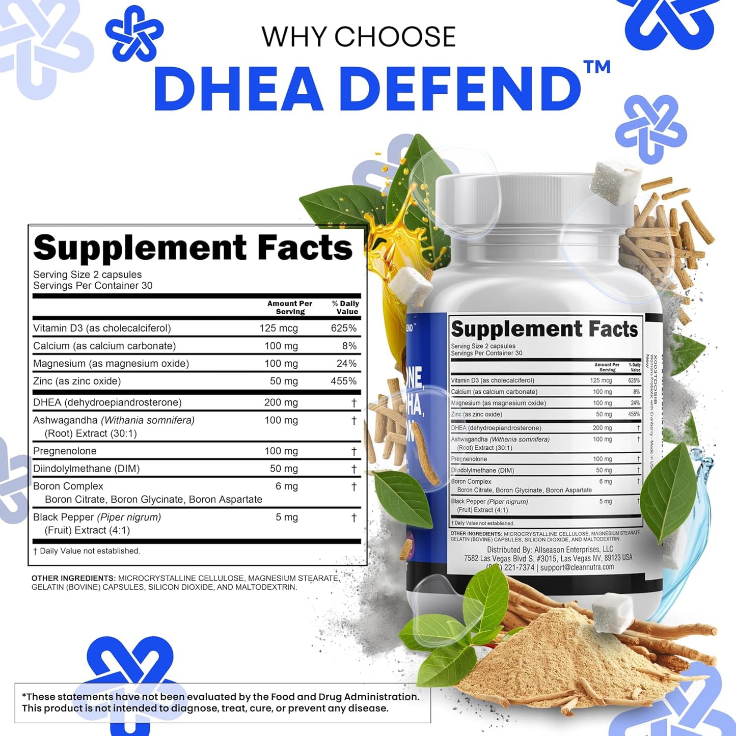 DHEA 200mg Supplement Pregnenolone 100mg for Men & Women with DIM Ashwagandha Boron 6mg Complex Calcium Magnesium Zinc 50mg Vitamin D3 5000 IU Hormone Support Capsules Pills Made in USA 60 Count
