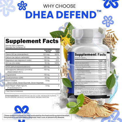 DHEA 200mg Supplement Pregnenolone 100mg for Men & Women with DIM Ashwagandha Boron 6mg Complex Calcium Magnesium Zinc 50mg Vitamin D3 5000 IU Hormone Support Capsules Pills Made in USA 60 Count