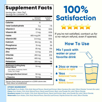 Venture Pal Sugar Free Hydration + Focus Electrolyte Packets, 16 Sticks | 7 Electrolytes + Vitamins, Magnesium, Lion's Mane & Ashwagandha, Boost Clarity & Energy, Electrolytes Powder, Vegan, Keto