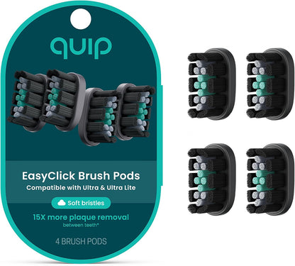Quip Ultra Lite Sonic Electric Toothbrush with EasyClick Brush Pod Refill Heads Product Bundle - Slim Lightweight Design, 15X More Plaque Removal - Soft Bristles, Compact - Ash Black