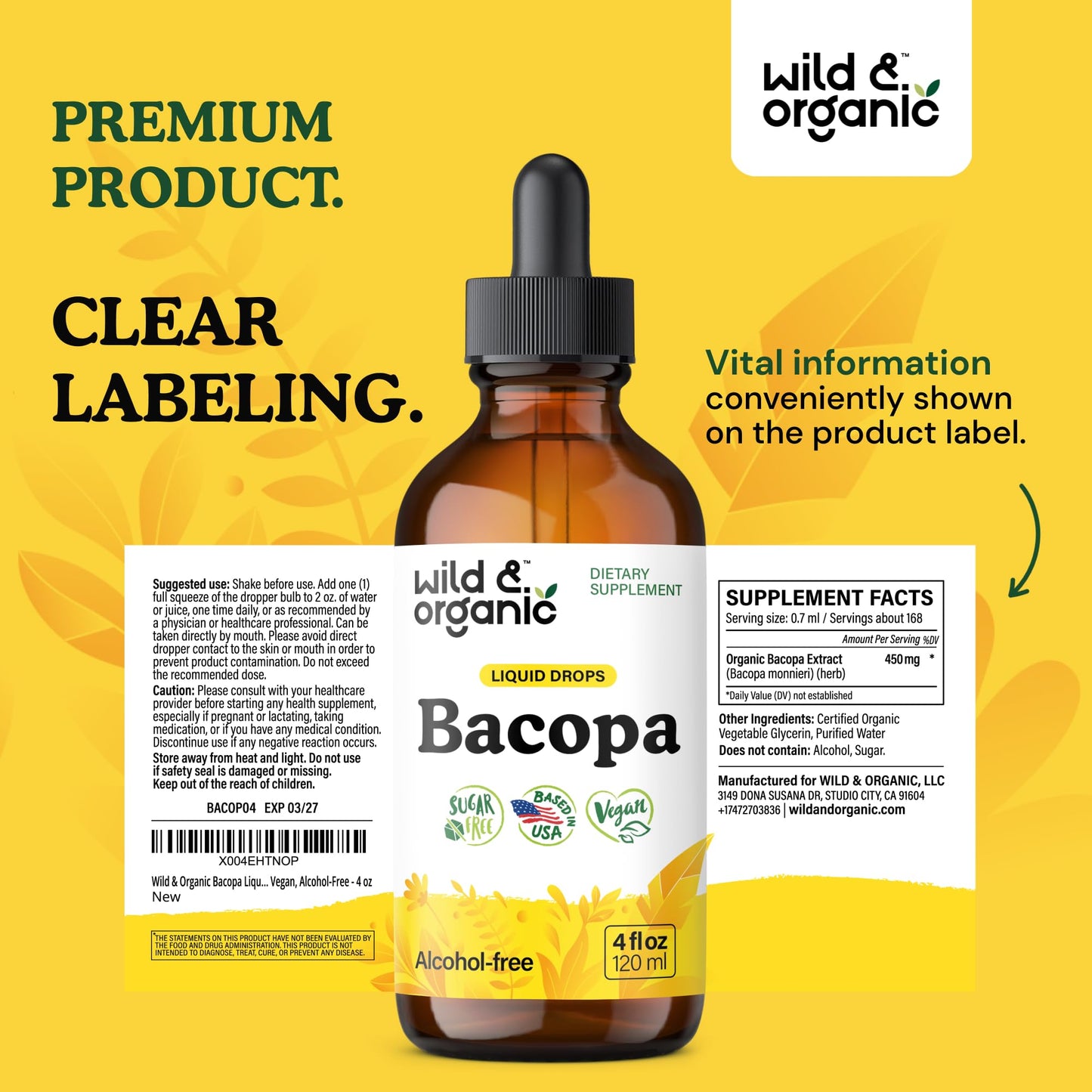 Wild & Organic Bacopa Monnieri Supplement - Brain & Focus Support - Bacopa Extract Liquid Drops - Brahmi Herb Tincture to Add to Tea - 5-Month Supply - Vegan, Sugar & Alcohol-Free - 4 fl oz