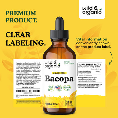 Wild & Organic Bacopa Monnieri Supplement - Brain & Focus Support - Bacopa Extract Liquid Drops - Brahmi Herb Tincture to Add to Tea - 5-Month Supply - Vegan, Sugar & Alcohol-Free - 4 fl oz