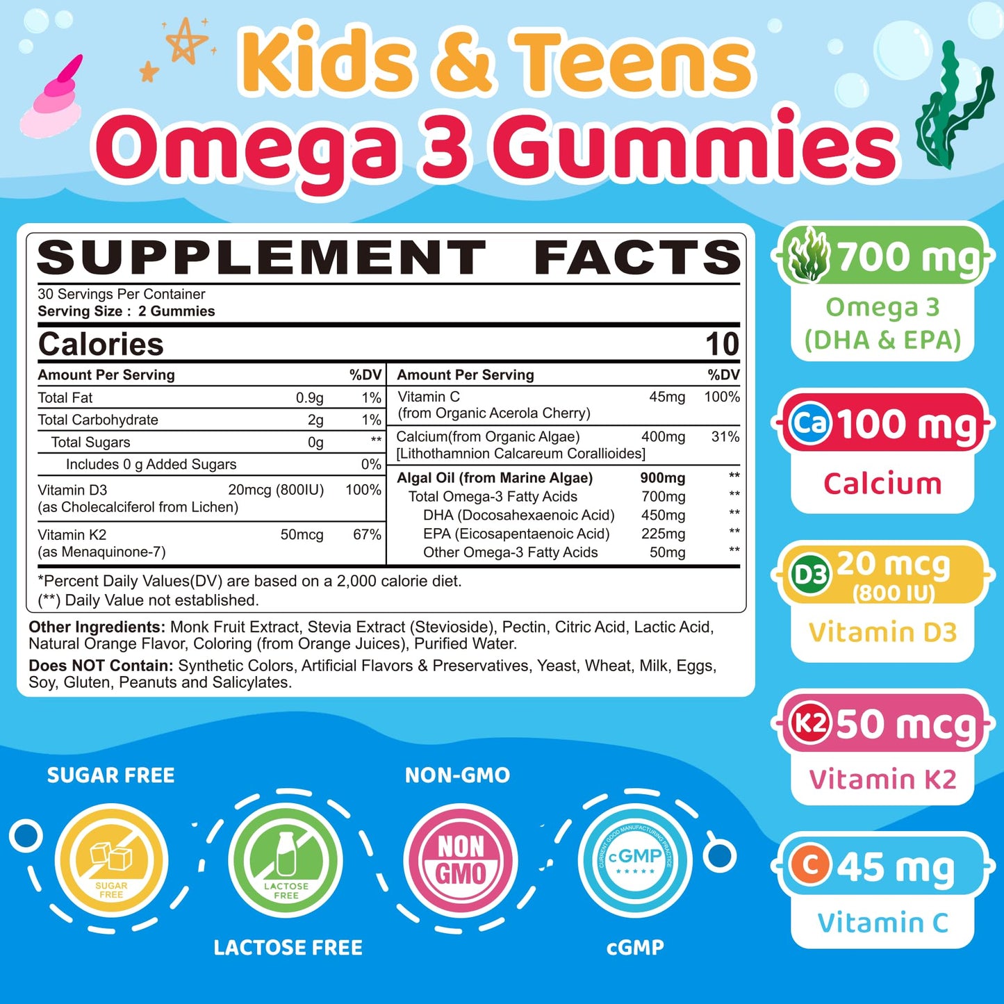 Kids Omega 3 Gummies + Calcium 400mg + Vitamin D3 K2 + C, Omega-3 DHA & EPA Supplement - No Fish Burps, No Sugar - Kids & Teens Omega 3 + Multivitamin Gummy for Strong Bones, Brain, Immune, Eye, 2Pack