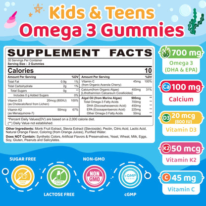 Kids Omega 3 Gummies + Calcium 400mg + Vitamin D3 K2 + C, Omega-3 DHA & EPA Supplement - No Fish Burps, No Sugar - Kids & Teens Omega 3 + Multivitamin Gummy for Strong Bones, Brain, Immune, Eye, 2Pack