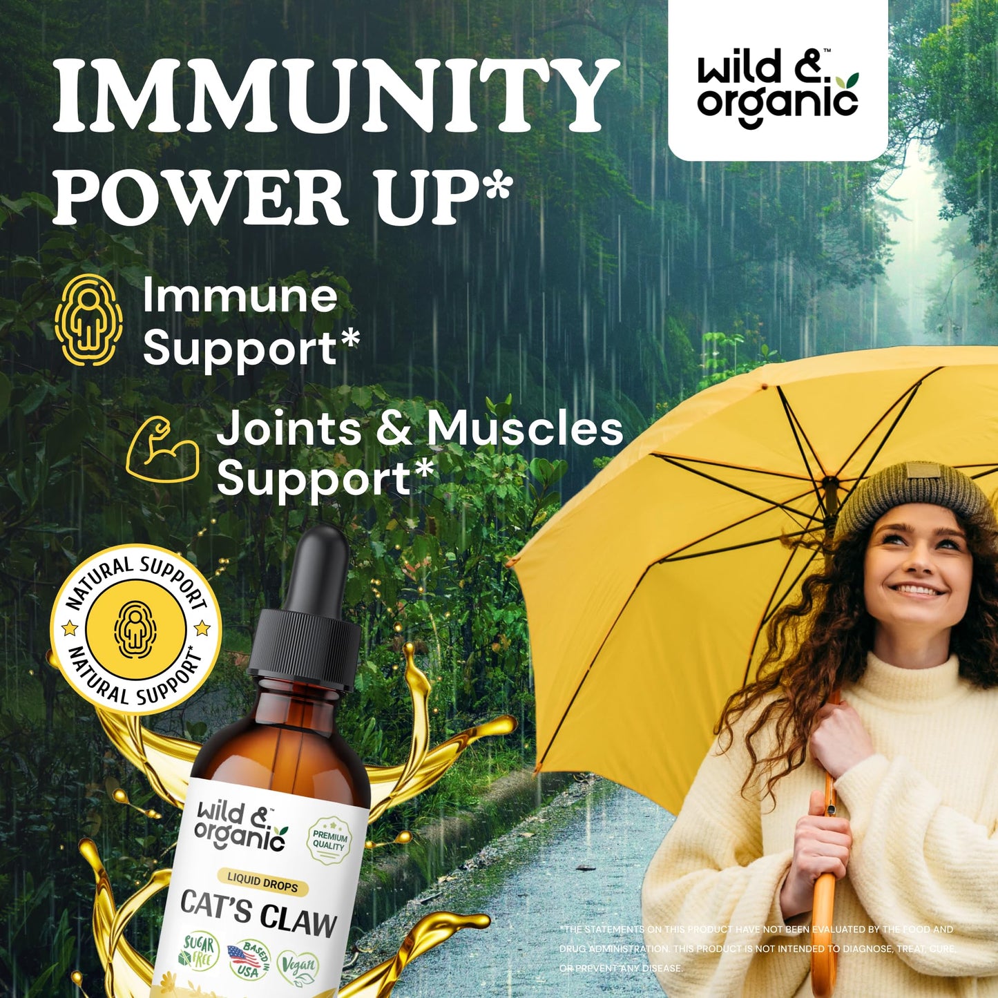 Wild & Organic Cats Claw Herb Supplement - Immune Support - Pure Cats Claw Tincture - Add to Tea Liquid Drops - Uncaria Tomentosa Bark - Vegan, Sugar & Alcohol-Free - 4 fl oz