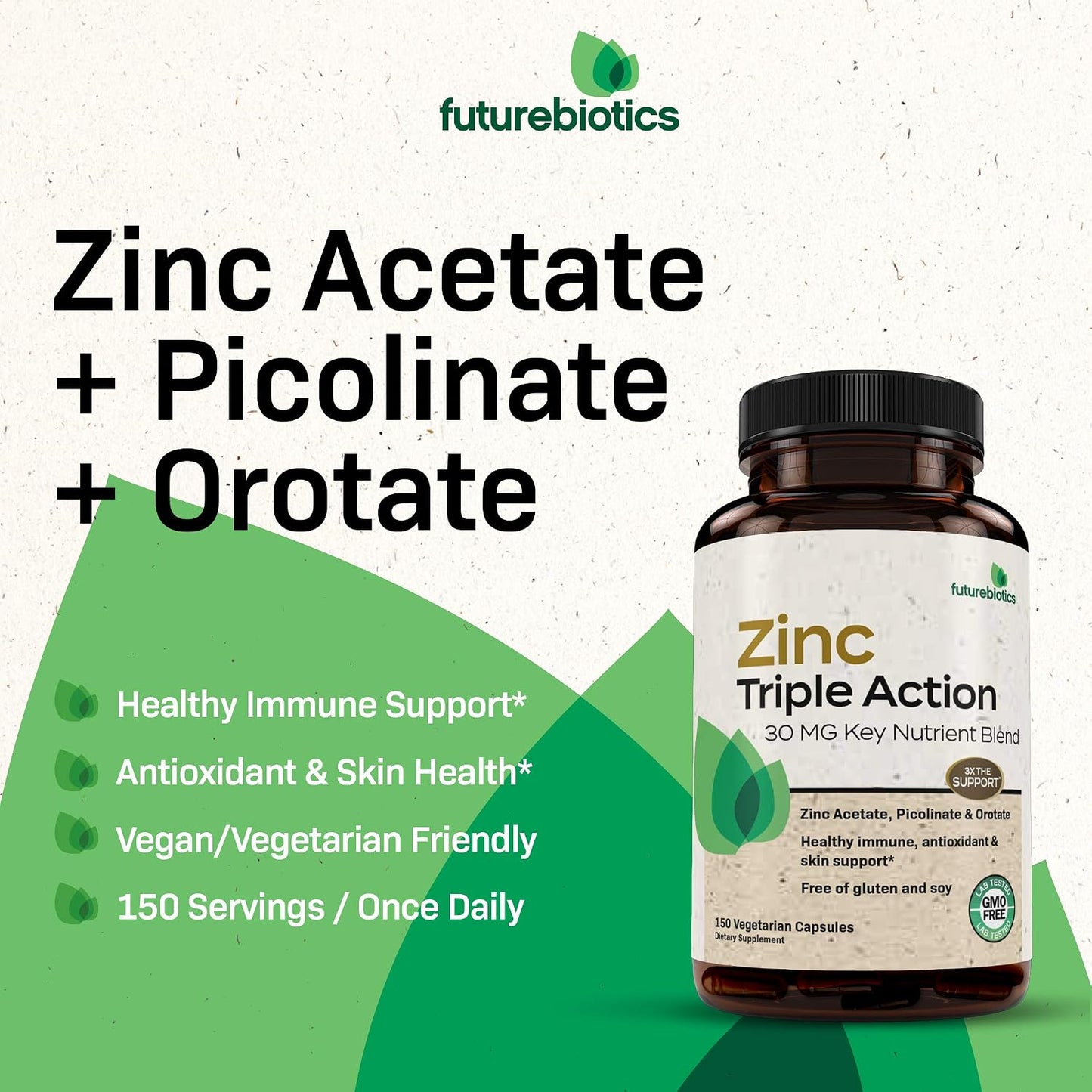 Futurebiotics Zinc Triple Action 30mg Key Nutrient Blend Immune Support Supplement with Zinc Acetate, Picolinate & Orotate - Immune, Antioxidant & Skin Health Support - 150 Vegetarian Capsules