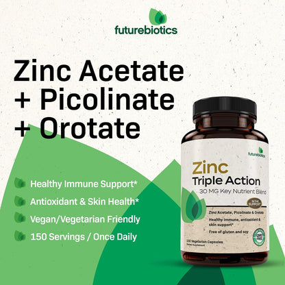 Futurebiotics Zinc Triple Action 30mg Key Nutrient Blend Immune Support Supplement with Zinc Acetate, Picolinate & Orotate - Immune, Antioxidant & Skin Health Support - 150 Vegetarian Capsules