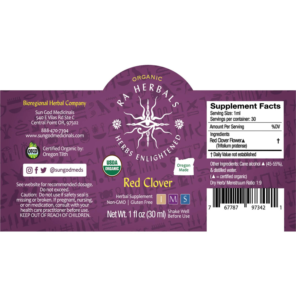 Ra Herbals Organic Red Clover Liquid Extract - Menopause Support - 1 fl oz