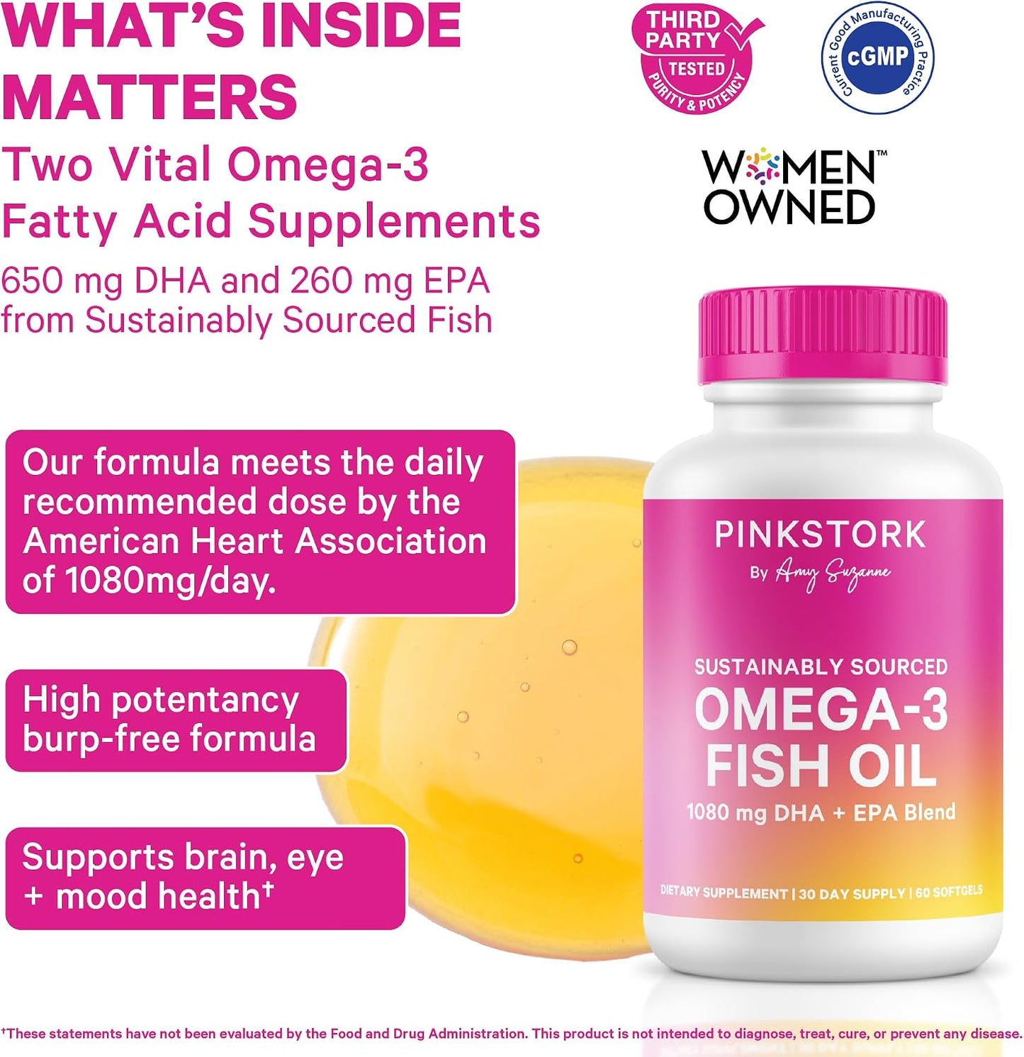 Pink Stork Omega 3 Fish Oil Supplements for Women, 60 Softgels | DHA + EPA, High Potency, Burpless, Mental Clarity, Cognitive Health, Fetal Brain + Nervous System Development, 2 Month Supply