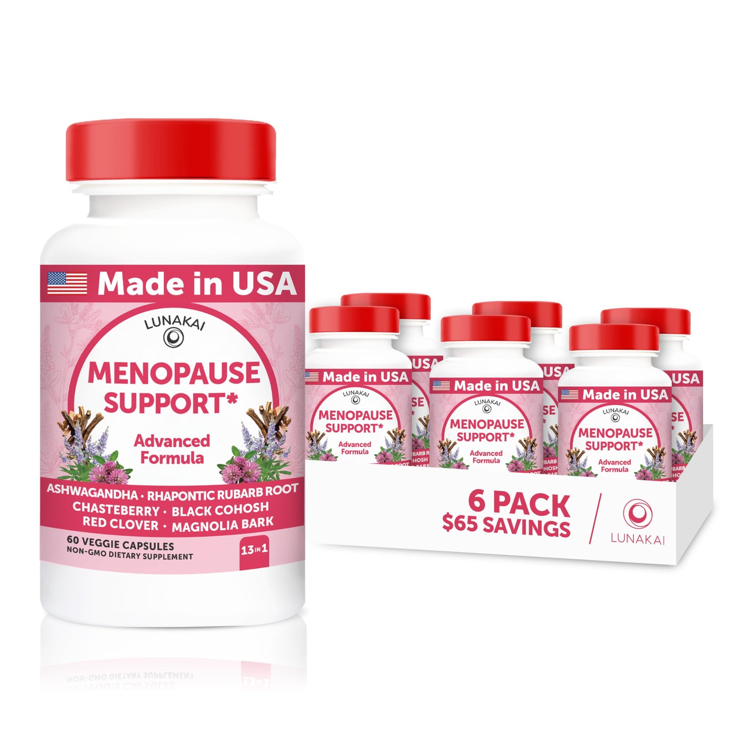 Lunakai USA Made Natural Menopause Supplements for Women, 60ct | Non-GMO, 13-in-1 Menopause Relief for Hot Flashes, Night Sweats, Sleep & Mood Support