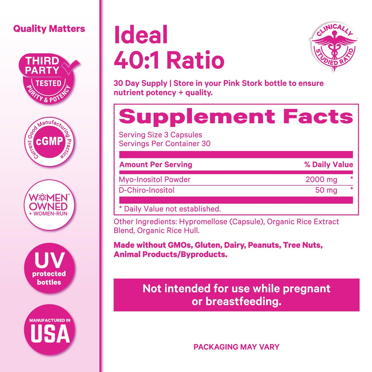 Pink Stork Inositol Supplement for Women, 40:1 Myo & D-Chiro, 30 Servings | Clinically Studied Ratio to Support Hormone Balance, Healthy Ovulation, Cycle Regularity & Fertility