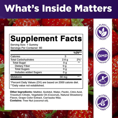 Vitamatic Extra Strength Melatonin 30 mg, 60 Gummies | Natural Strawberry Flavor, Non-Habit Forming, Non-GMO, Gluten Free, Sugar Free, Pectin Based