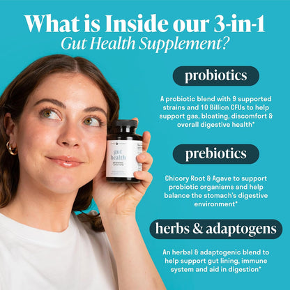 Nuven Naturals All-in-One Gut Health w/Probiotics, Prebiotics, Digestion-Supporting Herbs, and Adaptogens - Leaky Gut Repair Formula to Support Gut Lining, Aid in Digestion, and Promote Good Bacteria | Gut Health for Women & Men to Support Digestive Healt