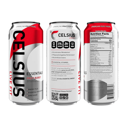 CELSIUS ESSENTIALS, Sparkling Fruit Burst, Performance Energy Drink 16 Fl Oz (Pack of 12)
