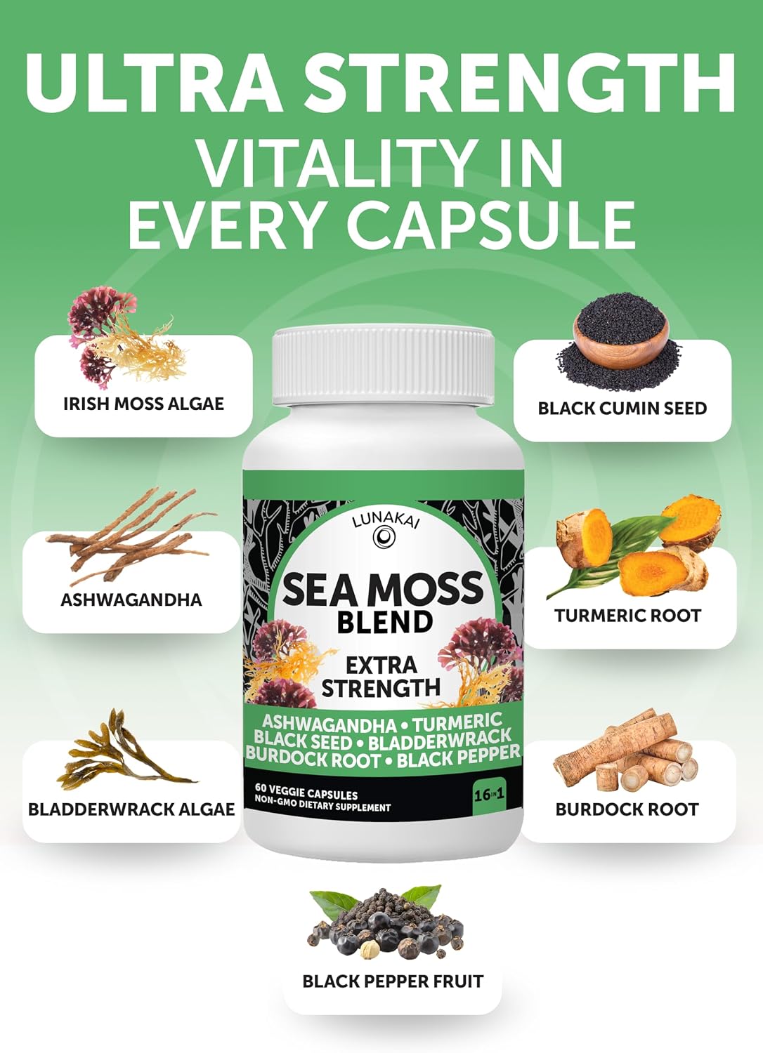 Lunakai USA Made Irish Sea Moss Capsules with Black Seed Oil, Ashwagandha, Burdock Root & Bladderwrack, 60ct