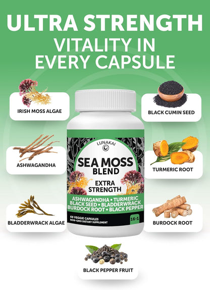 Lunakai USA Made Irish Sea Moss Capsules with Black Seed Oil, Ashwagandha, Burdock Root & Bladderwrack, 60ct