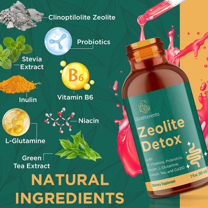 Zeolite Detox for Adults, Zeolite Liquid Drops with Vitamin B, Probiotic Blend - Energy, Gut, Focus - 2 Fl Oz (1 Bottle)