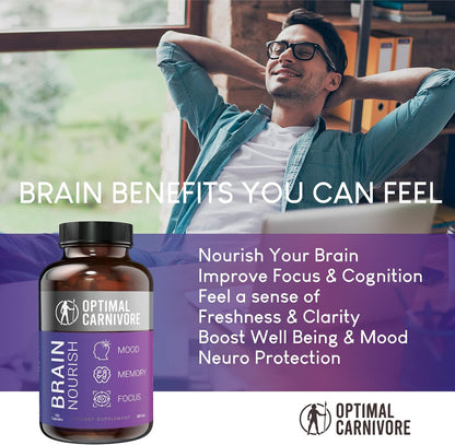 Optimal Carnivore Lions Mane Mushroom Supplement & Beef Brain, Powerful Nootropics Brain Support Supplement, Brain Supplements for Memory and Focus, 180 Capsules