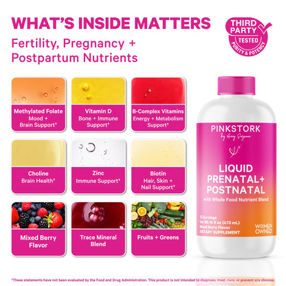 Pink Stork Liquid Prenatal Vitamins for Women – Berry, 32 Servings | Doctor Formulated, Organic Whole-Food Blend, Methylated Folate, Sugar-Free, Fertility to Postpartum, Breastfeeding Friendly