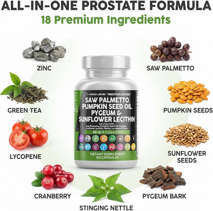 Clean Nutraceuticals Saw Palmetto Pumpkin Seed Oil Pygeum Sunflower Lecithin Stinging Nettle Cranberry - Prostate Supplements for Men with Lycopene - 90 Caps