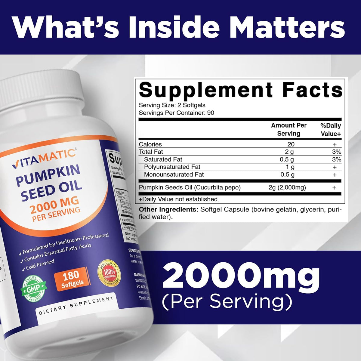 Vitamatic Pumpkin Seed Oil 2000mg Softgel Capsules, 180 Softgels | 1000mg per Softgel