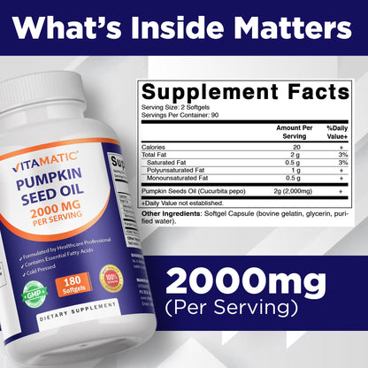 Vitamatic Pumpkin Seed Oil 2000mg Softgel Capsules, 180 Softgels | 1000mg per Softgel