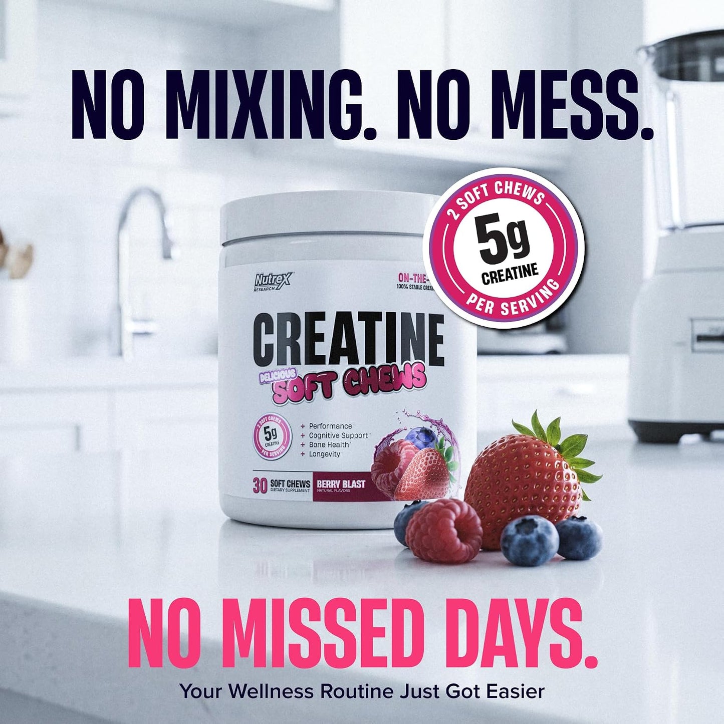 Nutrex Research Essentials Creatine Soft Chews, 5g Creatine per Serving, NUTRASOFT Technology, Berry Blast, Gluten Free, 60 Count (30 Servings)