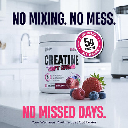 Nutrex Research Essentials Creatine Soft Chews, 5g Creatine per Serving, NUTRASOFT Technology, Berry Blast, Gluten Free, 60 Count (30 Servings)