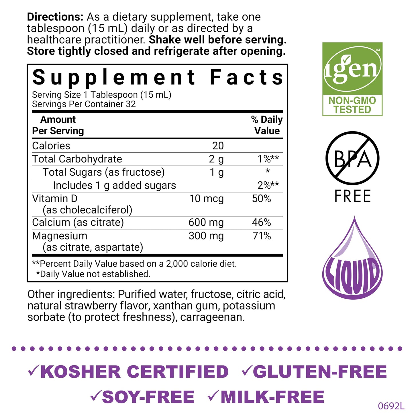 Bluebonnet Nutrition Liquid Calcium Citrate, Magnesium, Vitamin D3, Bone Health, Gluten Free, Soy Free, Milk Free, Kosher, 16 fl oz, 32 Servings, Mixed Berry Flavor