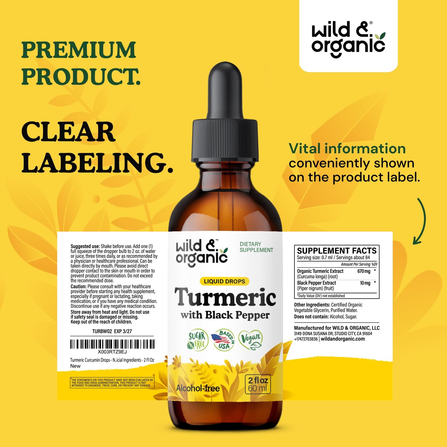 Wild & Organic Turmeric Supplement Liquid Drops - Movement & Immune Support - Liquid Turmeric with Black Pepper Extract - Add to Tea Tincture - Curcumin Supplements - Sugar & Alcohol-Free - 4 fl oz
