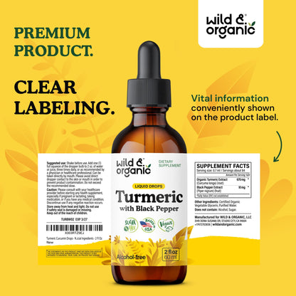 Wild & Organic Turmeric Supplement Liquid Drops - Movement & Immune Support - Liquid Turmeric with Black Pepper Extract - Add to Tea Tincture - Curcumin Supplements - Sugar & Alcohol-Free - 4 fl oz