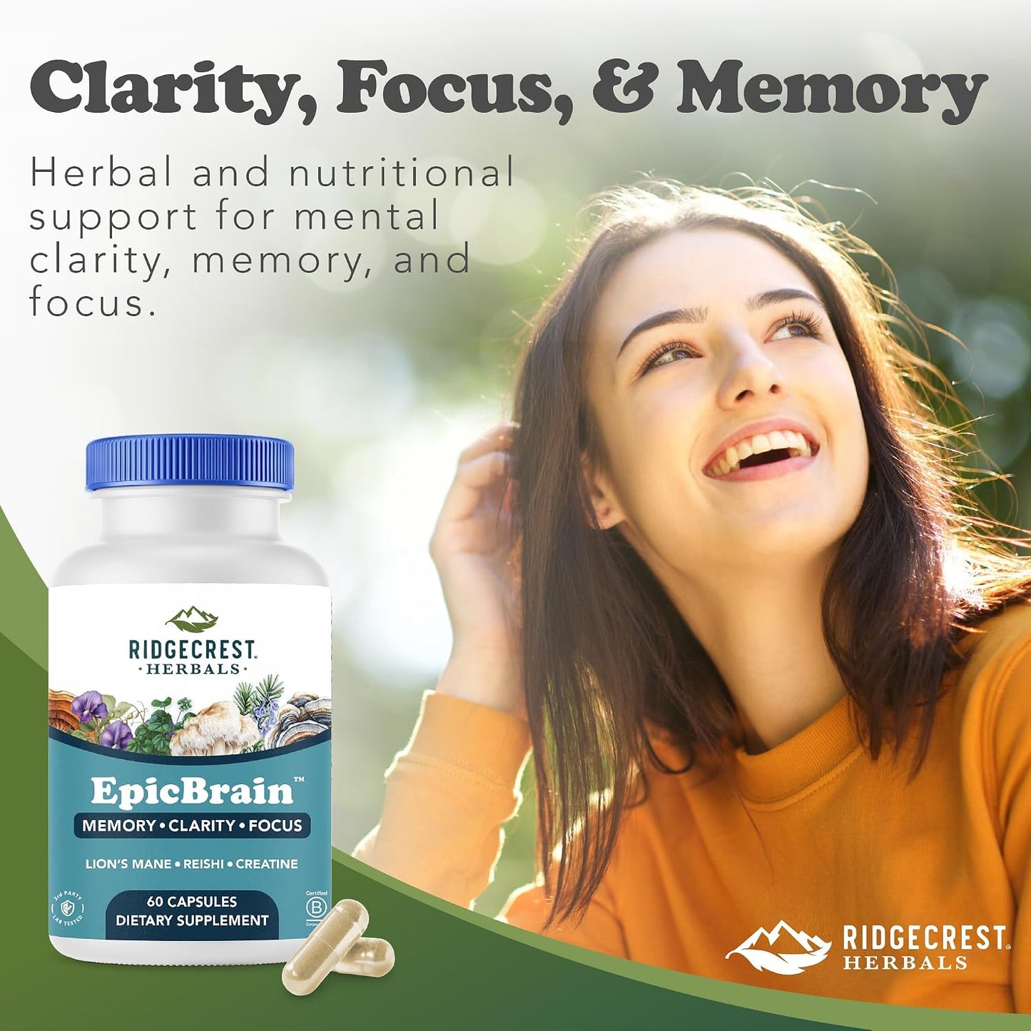 RidgeCrest Herbals EpicBrain Nootropic Memory and Focus Support 60 Ct | 30 Servings, Creatine Monohydrate, Lions Mane, Reishi, Stimulant Free, Mental Clarity and Cognitive Health Formula