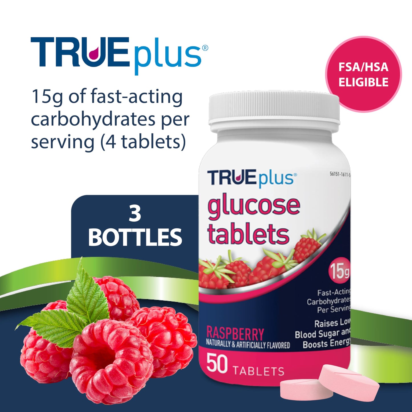TRUEplus Glucose Tablets, Grape, Raspberry, Orange Flavors, 50 Count | Chewable Tablets, 15g Fast-Acting Carbohydrates, Fat Free, Gluten Free, Boosts Energy, Great Tasting and Easy to Use