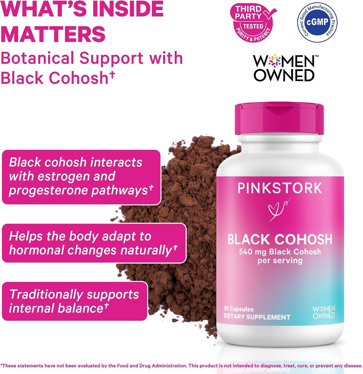 Pink Stork Black Cohosh Supplements for Women, 540 mg, 30 Capsules | Pure Black Cohosh, Supports Hormone Balance for Fertility, Perimenopause + Menopause Comfort
