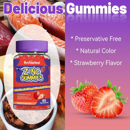 Zinc Gummies, Zinc 50mg, Zinc Citrate, with Vitamin C, Vitamin D3, 60 Count | Zinc Gummies, Zinc 50mg, Zinc Citrate, with Vitamin C, Vitamin D3, Strawberry Flavor Gummies, 60 Count