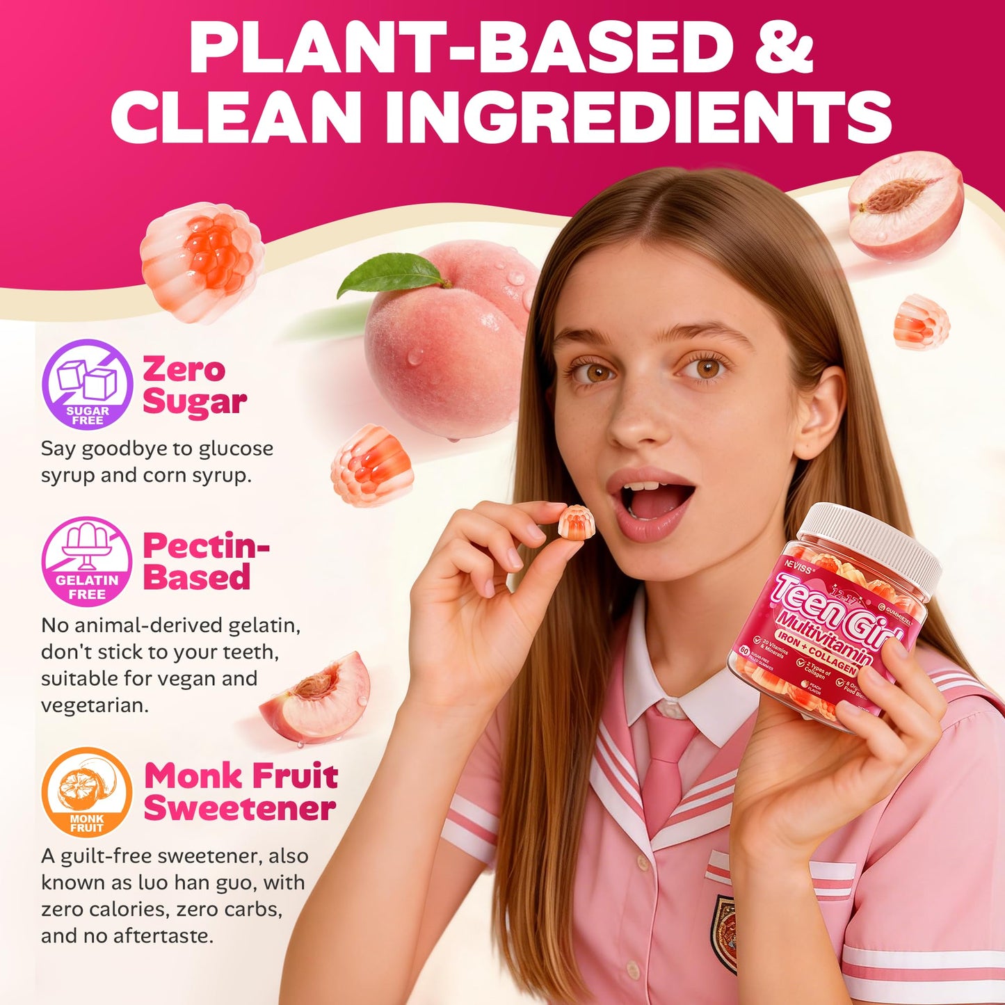 Methylated Multivitamin Gummies for Teen Girls 12-17, Methylfolate, Iron, Collagen, D3 K2, Magnesium, Zinc, Daily Vitamins A C E, B Complex for Teenager Growth, Skin, Bone, Energy - Sugar Free, 60 Cts
