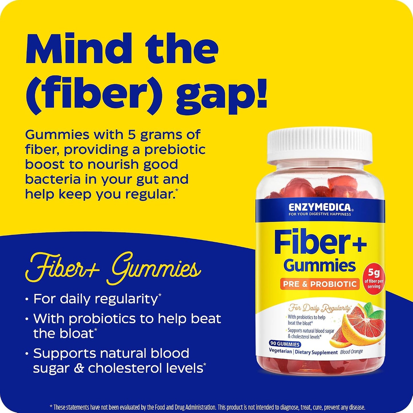 Enzymedica Fiber+ Prebiotic & Probiotic Gummies for Women & Men - 90 Count
